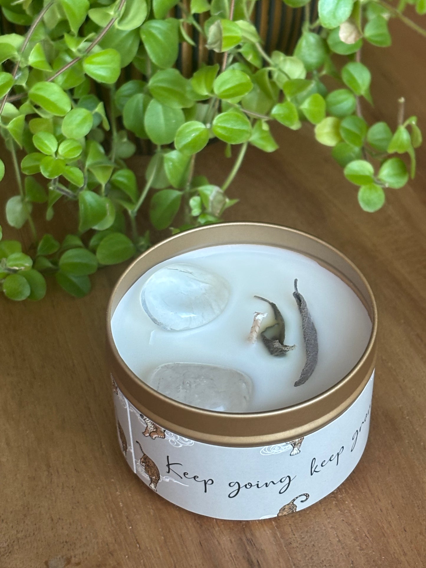 Quote kaars in gouden blik met kristallen - Keep going keep growing