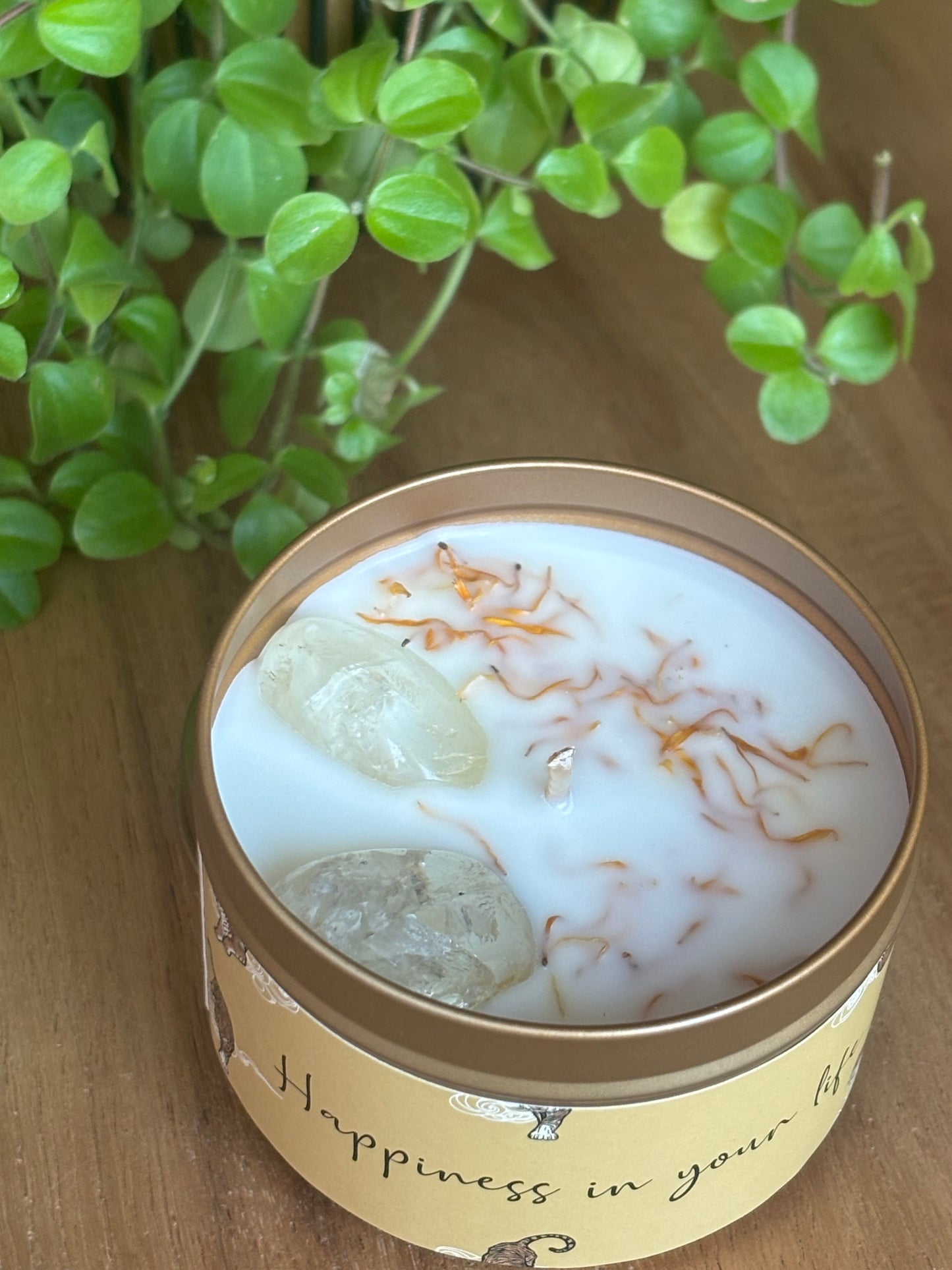 Quote kaars in gouden blik met kristallen - Happiness in your life