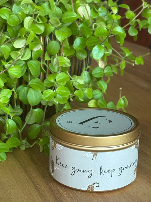 Quote kaars in gouden blik met kristallen - Keep going keep growing